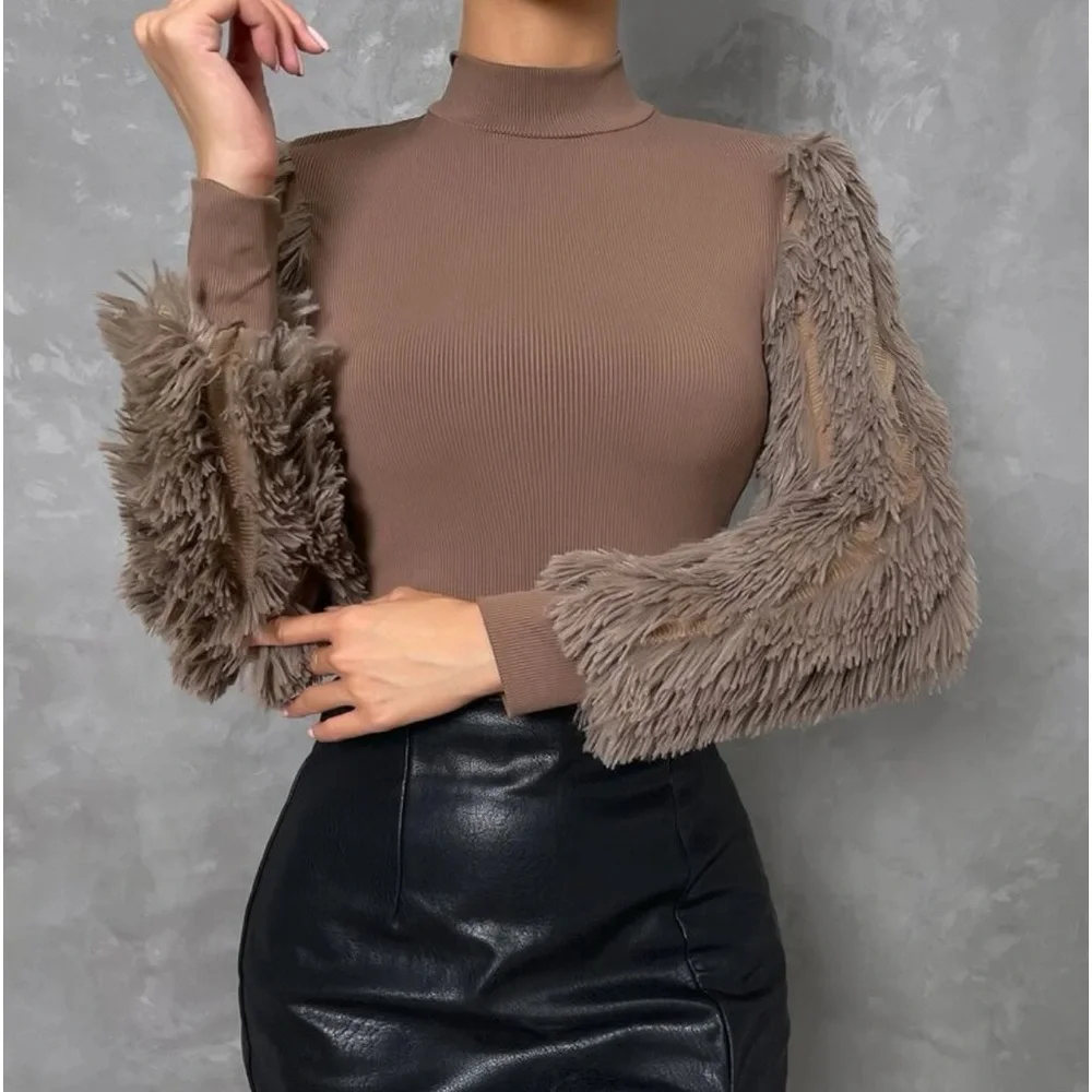 Cozy Faux Fur Fuzzy Long Puff Cuff Sleeve Mock Neck Top Blouse Shirt Black - Picture 10 of 16